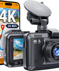 4K UHD Dash Cam with Built-In GPS and 5G WiFi for Cars, 2.4-Inch IPS Screen, showing app interface and camera lens.