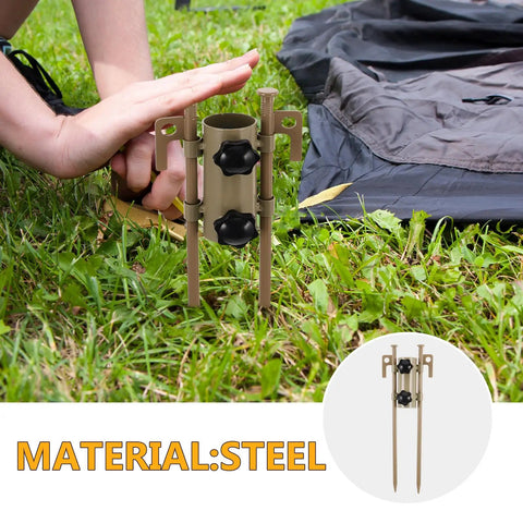 6 Piece Adjustable Tent Pole Kit With Beefy Heavy Duty Stakes being installed into grass for stable canopy setup
