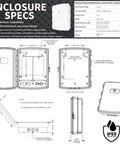 Technical drawing of Rugged Waterproof NEMA Enclosure With AC Outlet built from UV resistant ABS plastic, multiple angles shown.