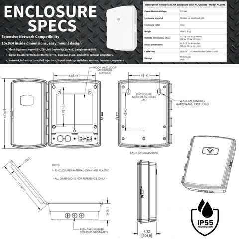 Technical drawing of Rugged Waterproof NEMA Enclosure With AC Outlet built from UV resistant ABS plastic, multiple angles shown.