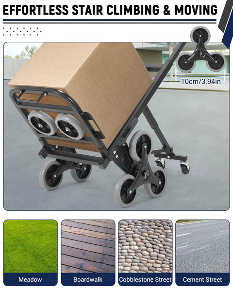 Heavy Duty Stair Climbing Hand Truck With Adjustable Support Arm Dual Rated Load Up To 550 Lbs On Flat And 330 Lbs On Stairs Steel Frame Dolly For Easy Hauling, side view with box and tri-wheel design