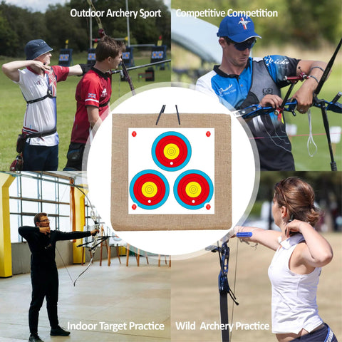 Image of 3 Spot Archery Target Paper Set With Pins, New LAS Version used for indoor and outdoor practice, showing clear accuracy rings.