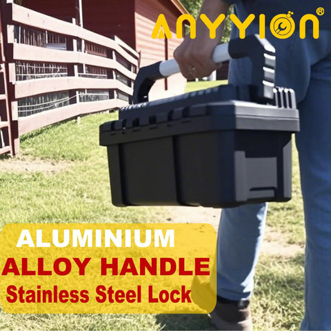 Person carrying 17 Inch Tool Box With Removable Tray And Stainless Steel Dual Lock in outdoor setting with aluminum alloy handle.