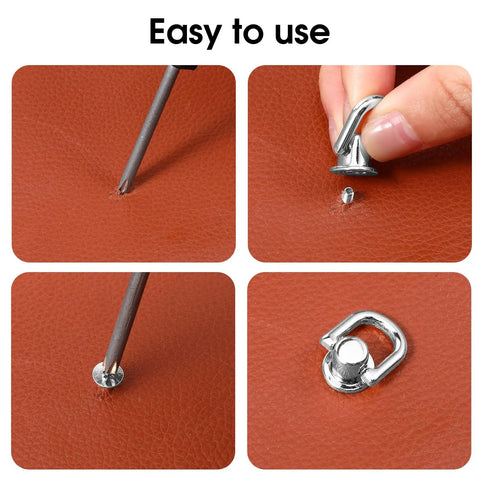 Installation steps for 4 Pack D Rings for Purses With 360 Degree Rotatable Stud Screw Balls on leather surface