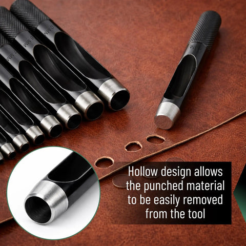 Hollow Leather Hole Punch Set 1mm To 10mm, 10-Piece Carbon Steel Leather Punch Tool, Black Finish For Leatherworking And DIY.