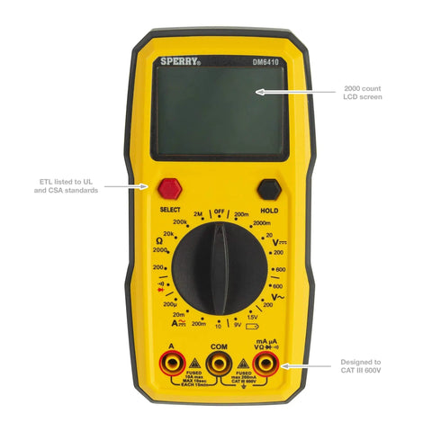 Front view of Dm6410 8 Function Digital Multimeter With Large LCD Display And Data Hold For Accurate AC DC Voltage And Current Measurements Yellow Pro Grade Tool For Electricians