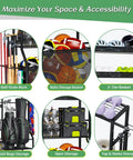 Garage Sports Gear Organizer with Golf Bag Storage Rack showing racks for clubs and balls, storage baskets, and shoe shelf.
