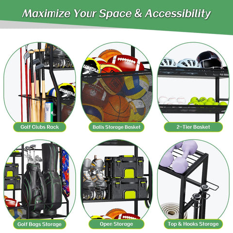 Garage Sports Gear Organizer with Golf Bag Storage Rack showing racks for clubs and balls, storage baskets, and shoe shelf.