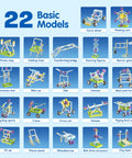22 basic models from the 36-In-1 Motor Robotic Kits For Kids Aged 8-13 displayed in grid, featuring various buildable toy models.