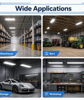 Wide applications of Top Shelf 165 Watt Led Linear High Bay Light in warehouse, barn, garage, and workshop settings.