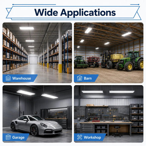 Wide applications of Top Shelf 165 Watt Led Linear High Bay Light in warehouse, barn, garage, and workshop settings.