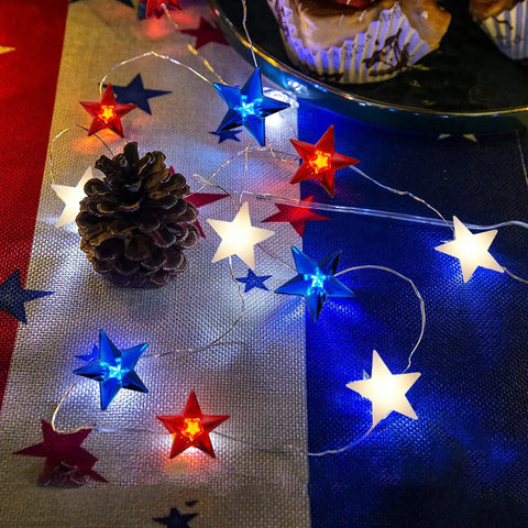 Red White Blue Patriotic String Lights 16Ft 50 LED Battery Operated With Timer And Remote Flexible Fairy Lights For Independence Day