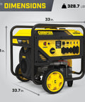 15,000-Watt MKE Series Portable Generator With Electric Start and CO Shield, side view showing dimensions and outlets