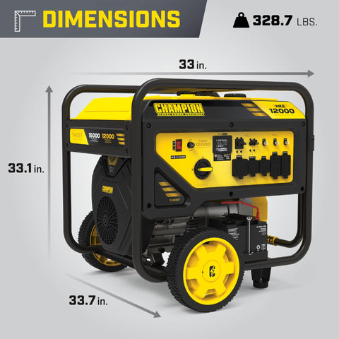15,000-Watt MKE Series Portable Generator With Electric Start and CO Shield, side view showing dimensions and outlets