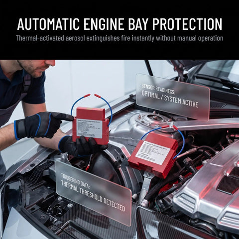 Badass Automatic Fire Extinguisher Stickers For Engine Bay with thermal activation, shown in a vehicle's engine bay for safety.