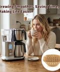 Woman enjoying coffee next to a drip coffee maker with Heavy Duty Unbleached Paper Coffee Filters 100 Count Disposable Basket Style.