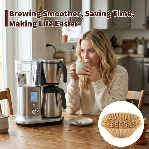 Woman enjoying coffee next to a drip coffee maker with Heavy Duty Unbleached Paper Coffee Filters 100 Count Disposable Basket Style.
