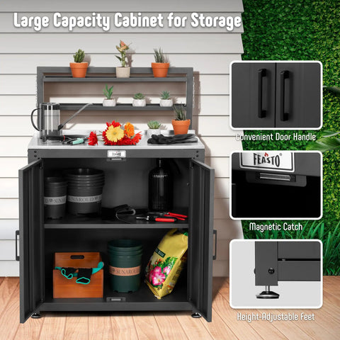 Outdoor Potting Bench With Storage Cabinet And Stainless Steel Work Surface Garden Workstation with open cabinet