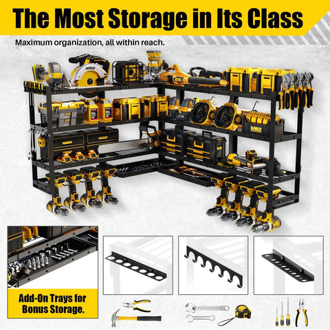 64 Inch Wide Power Tool Organizer Wall Mount With Corner Fit, Heavy Duty 4 Tier Garage Storage Rack, full view loaded with tools