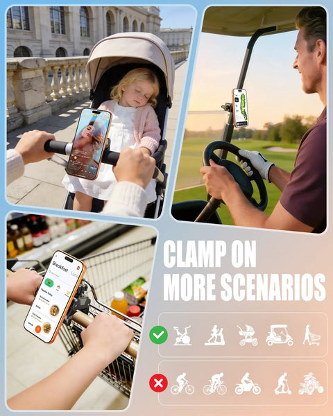 Magnetic Gym Phone Holder With Clamp for strollers, golf carts, shopping carts; versatile attachment demonstration