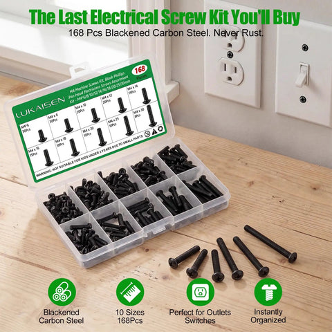 168 Piece M4 Phillips Pan Head Machine Screws Kit Crafted From Heavy Duty Carbon Steel for Switch Panels Electronics and Household Fix Ups Featuring Precision Threads That Guarantee A Bulletproof Hold, assorted screws displayed in organizer.