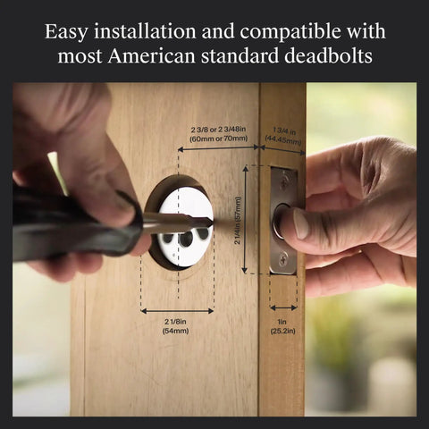 Turn Your Deadbolt Into A Smart Lock Without Replacing Keys Or Hardware With Matter Over Thread And Apple Home Key shown installing on wood door