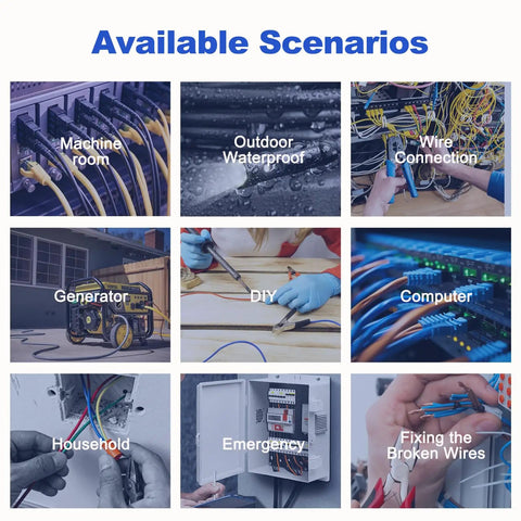 Visual collage depicting scenarios for using Seven Sizes Four to One Ratio Adhesive Lined Heat Shrink Tubing Roll Kit 53 Feet Marine Grade Waterproof Oil Proof and Wear Resistant for Automotive Industrial Home Use Black in machine room, outdoors, DIY, and more.