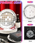 Disco Party Plates And Napkins Set For 100 Guests With Disco Ball Design showing silver pattern with plate and napkin sizes.