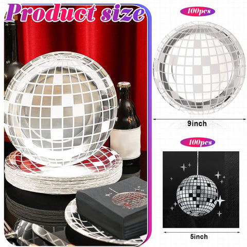 Disco Party Plates And Napkins Set For 100 Guests With Disco Ball Design showing silver pattern with plate and napkin sizes.