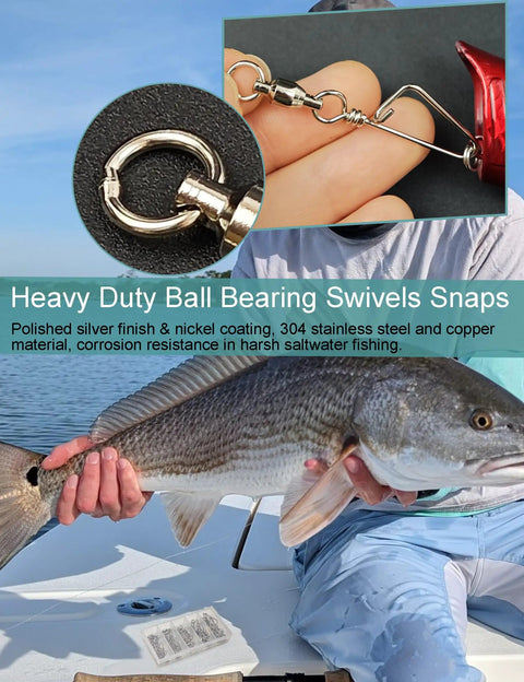 Ball Bearing Fishing Swivels Snaps 34 Piece Box Heavy Duty Saltwater Barrel Swivels Quick Change Lure Clips Tackle Set For Redfish And Striped Bass Prevent Line Twist And Knotting On Casting And Trolling Rigs, close-up