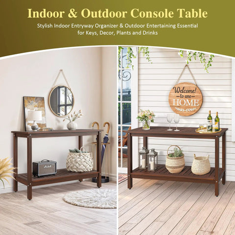 Indoor and outdoor view of all weather patio bar table and console with two shelves, 48 inch solid wood, espresso finish.
