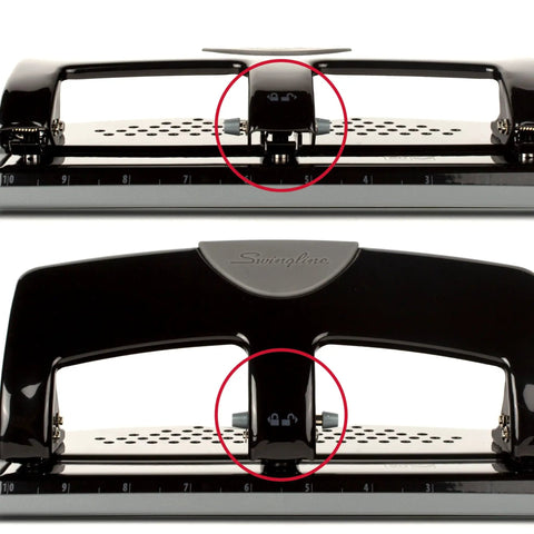 No Sweat Heavy Duty Three Hole Puncher With 20 Sheet Capacity Solid Steel Frame front and back view showing locking mechanism.