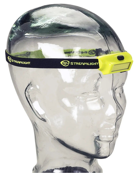 Bandit 180 Lumen USB Rechargeable LED Headlamp With Elastic Head Strap Clip And USB Cable Your Hands Free Light For Work Camping Runs And Night Fixes White Red And Green LEDs Black shown on clear mannequin head.