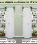 128 By 84 Inch Pre Assembled Bifold Barn Door With Five Lite Bi Fold Sliding Closet Doors And Hardware Kit Included 136 Inch Track Kit For Two Doors Easy To Install Moisture And Warp Resistant Pre Drilled Holes installed demonstration