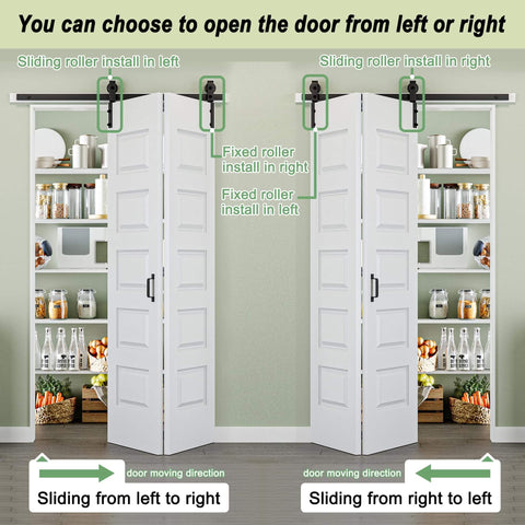 128 By 84 Inch Pre Assembled Bifold Barn Door With Five Lite Bi Fold Sliding Closet Doors And Hardware Kit Included 136 Inch Track Kit For Two Doors Easy To Install Moisture And Warp Resistant Pre Drilled Holes installed demonstration