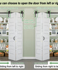 Ninety Six Inch By Eighty Four Inch Five Panel Folding Barn Door Kit showcasing adjustable sliding rollers for left or right opening.