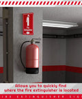 24 Pack Fire Extinguisher Signs 6.3 Inch By 6.3 Inch Durable Acrylic Warning Signs With Pre Drilled Holes Down Arrow Includes Screws And Adhesive Tape For Home Office And Biz Safety installed on wall above extinguisher