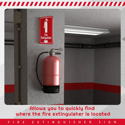 24 Pack Fire Extinguisher Signs 6.3 Inch By 6.3 Inch Durable Acrylic Warning Signs With Pre Drilled Holes Down Arrow Includes Screws And Adhesive Tape For Home Office And Biz Safety installed on wall above extinguisher