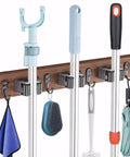 Rustic Wood Wall Mount Broom Mop Holder Organizer With 3 Racks And 4 Hooks Garden Tool Hanger for rakes, brooms, and mops.