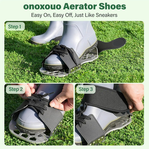 Heavy Duty Lawn Aerator Shoes With Thick Metal Base And Longer Steel Spikes Adjustable Straps Fully Assembled on lawn