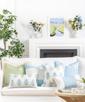 Coastal Throw Pillow Cover 18x18 Inches Water Repellent Indoor Outdoor Cushion Cover In Baby Blue Green Floral With Piping on couch