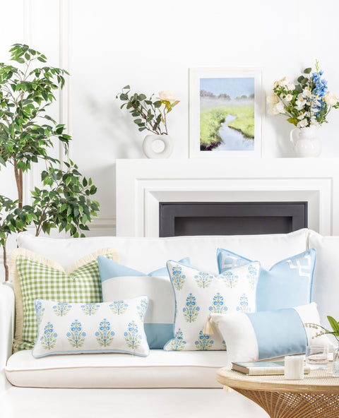 Coastal Throw Pillow Cover 18x18 Inches Water Repellent Indoor Outdoor Cushion Cover In Baby Blue Green Floral With Piping on couch