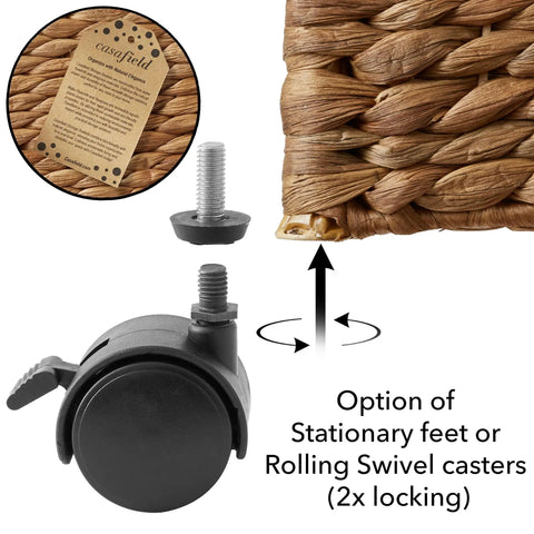 3-Tier Rolling Storage Cart Cinnamon Water Hyacinth Finish showing caster wheel option for mobility