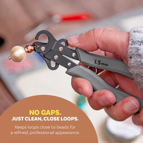 One Step Jewelry Looping Pliers For Perfect 1.5 mm Loops, Trim Wire Like A Pro, Works With 24 To 18 Gauge Craft Wire, Patent Pending Original Design Delivers Consistent Precise Results being used on craft wire to make a loop.