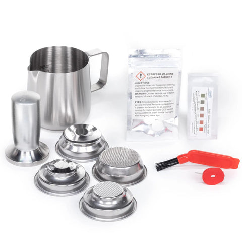 Next Level Semi Automatic Espresso Machine With Built In Grinder Steam Frother featuring stainless steel accessories and cleaning kit.