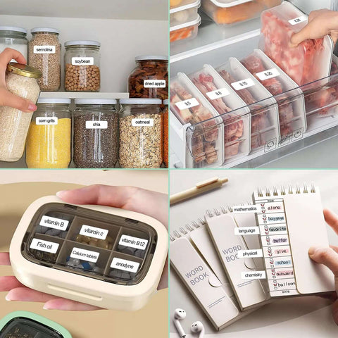 Heavy Duty Workhorse Hard Shell Label Printer Case With Three Rolls Of Adhesive Paper Tape Secure Travel Storage Pouch Compatible With Nelko P21 Niimbot D110 Jadens D110 Black displayed with organized food jars and labeled vitamins.