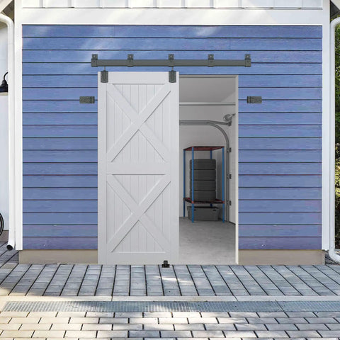 Five Foot Exterior Sliding Barn Door Hardware Kit Built Tough Heavy Duty Track System For Indoor And Outdoor Doors Wall Mount Black Galvanized Steel With Weatherproof Floor Guide installed on a blue shed