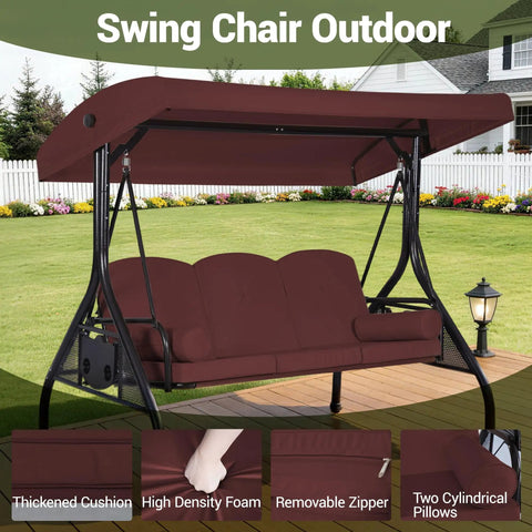 Three Seat Outdoor Porch Swing With Adjustable Canopy And Convertible Bed Two In One Patio Glider Burgandy Red