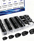 42 Piece Black Stainless Steel Hose Clamps Kit For DIY Auto Repairs With Metal Adjustable Worm Gear Clamps displayed in case