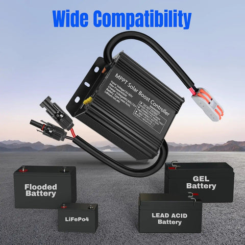 400W Boost MPPT Solar Charge Controller With LCD Display, shown with compatible Lead Acid, LiFePO4, Gel, Flooded batteries